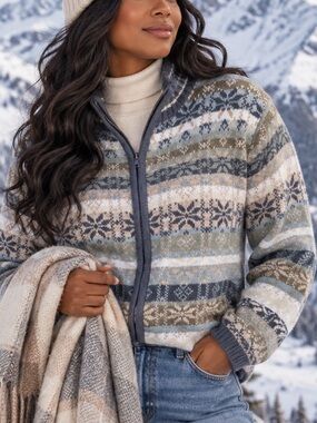 Vintage 2002 Zip Front Women’s Sweater Cardigan - Snowflake